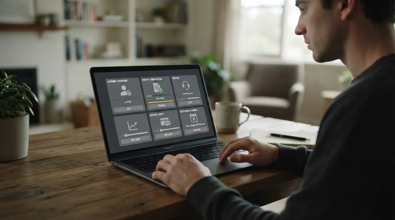 Account settings screen with identity, support and limit controls