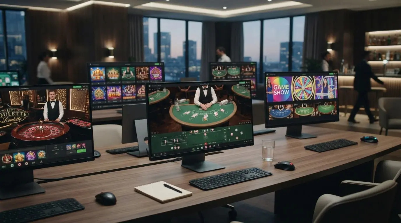 Casino lobby with slot tiles, card tables and live game panels