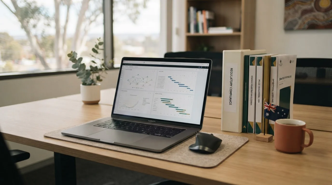 Laptop beside regulatory documents and domain records on a desk