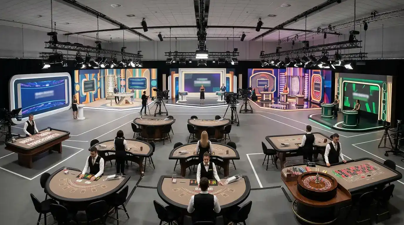 Live casino studio with dealer tables, game-show stations and multiple table-game areas
