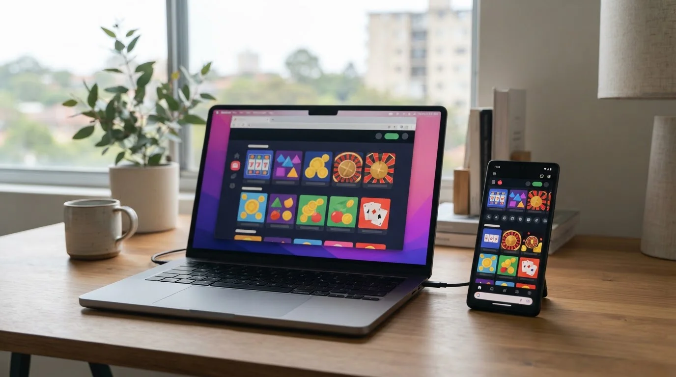 Phone and laptop displaying a generic casino interface in browser and installed web-app windows