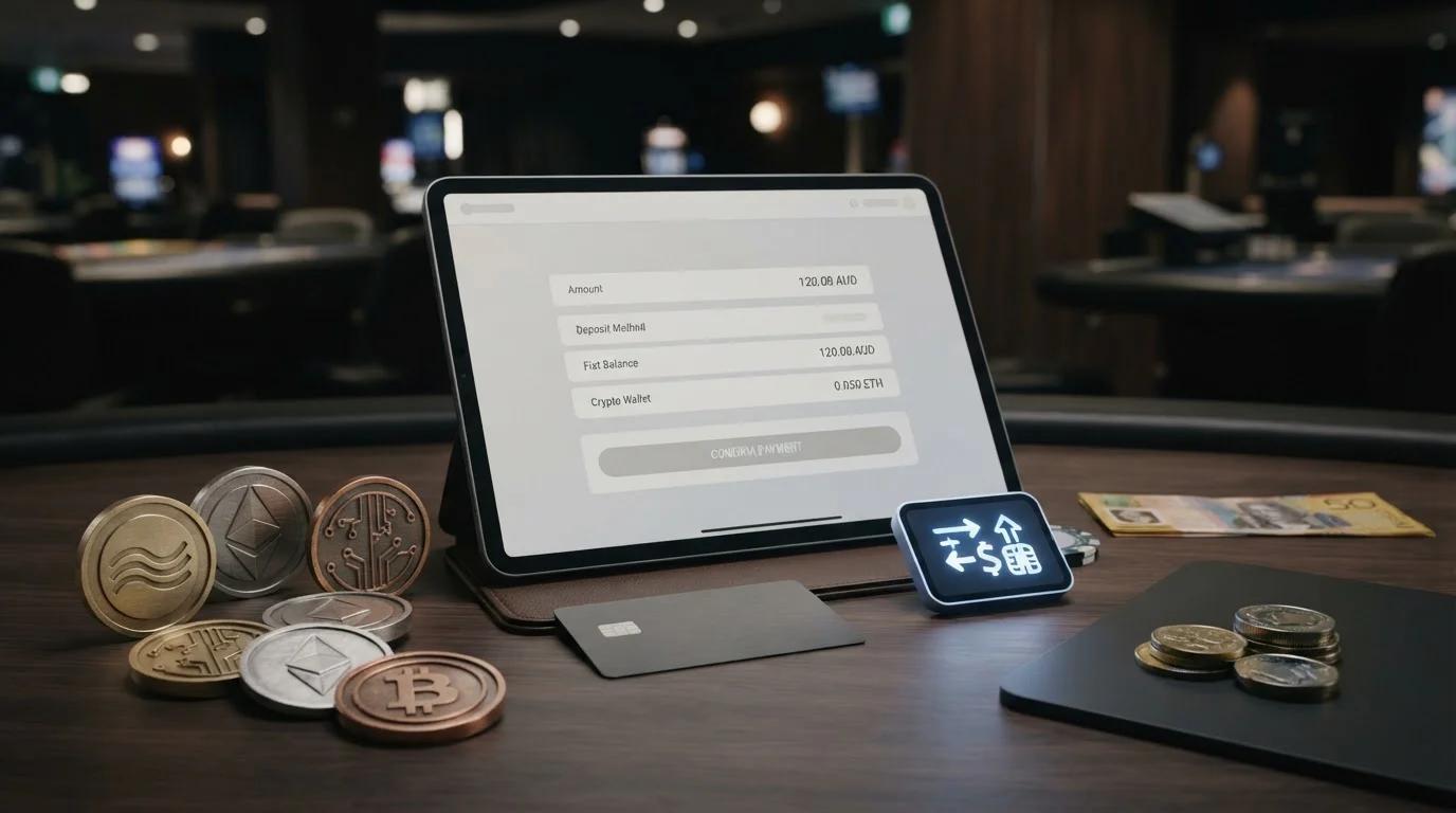 Bank card, bank transfer symbol and generic cryptocurrency tokens arranged around a payment screen