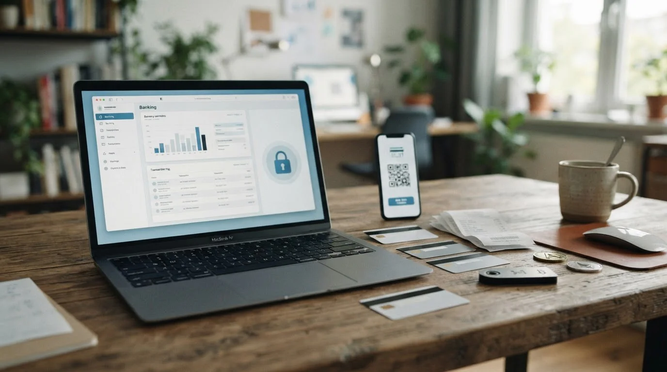 Payment cards, bank transfer symbols and generic cryptocurrency tokens beside a laptop